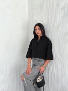Crop Yakalı Gömlek Üç Çeyrek Sleeve Kol - Siyah resmi